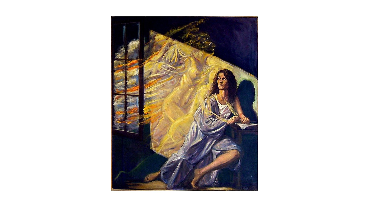Painting of a person sitting on a chair. She has a quill in her hand and a white paper by her side on a table.